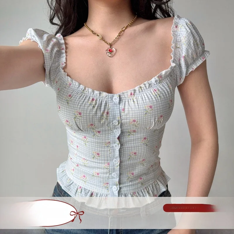Go Girl Go Women's Slim Fit Bubble Sleeve Shirt Short Length Square Collar Floral Plaid Print Casual Cotton Top Summer 2026
