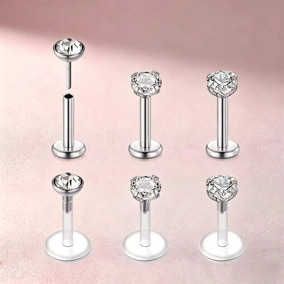 6pcs/Set Hypoallergenic Stainless Steel & Soft Plastic Lip Studs Set 16G Flexible Retainer Lip Piercing Jewelry for Women Men