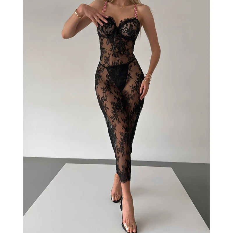 Women's Sheer Lace See-through Nightdress Floral Thin Straps Eyelash V-Neck Slip Cami Long Dress with G-String Thongs