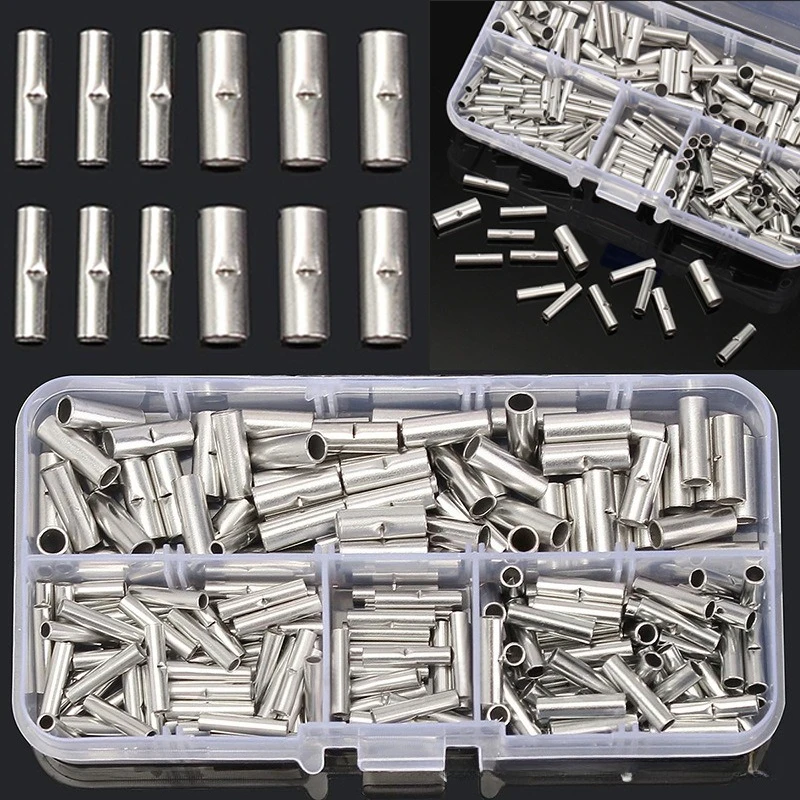 200PCS Bare Tin Plated Copper Butt Splice Terminals Box Kit, Uninsulated BN Middle Wire Joint Crimp Connectors Set