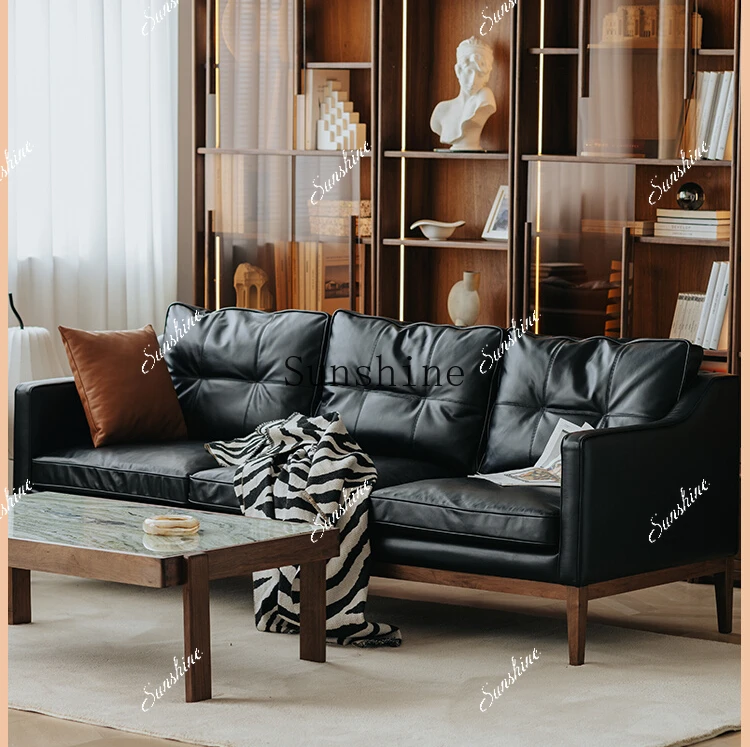 Living room single/three people first layer oil wax leather black medieval large sofa size apartment  FT