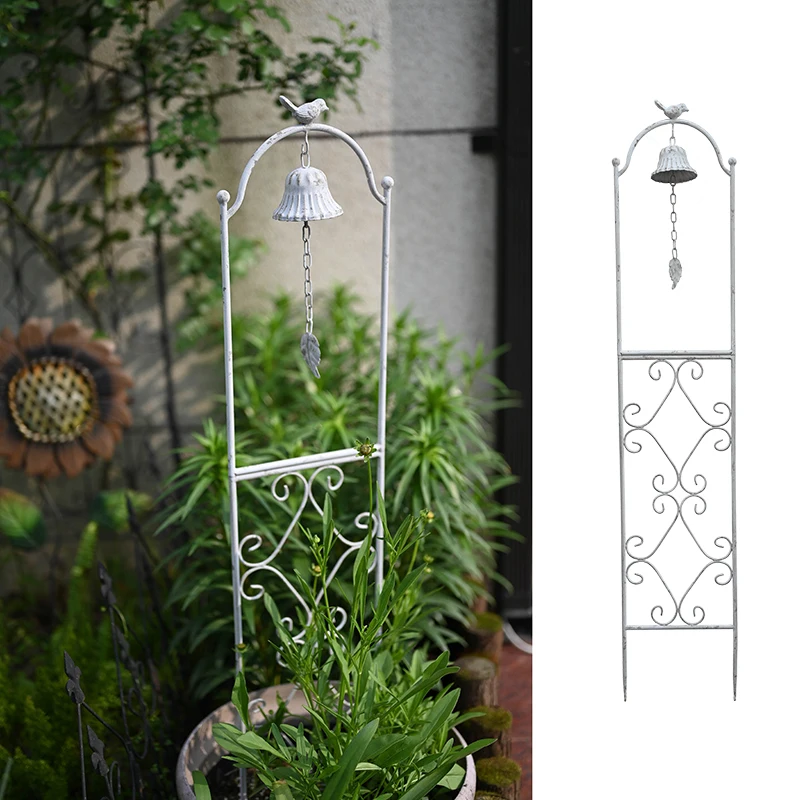 Vintage Bird Plant Support Iron Flower Stand for Clematis Decorative Garden Screen with Wind Chimes Small Climbing Flower Rack