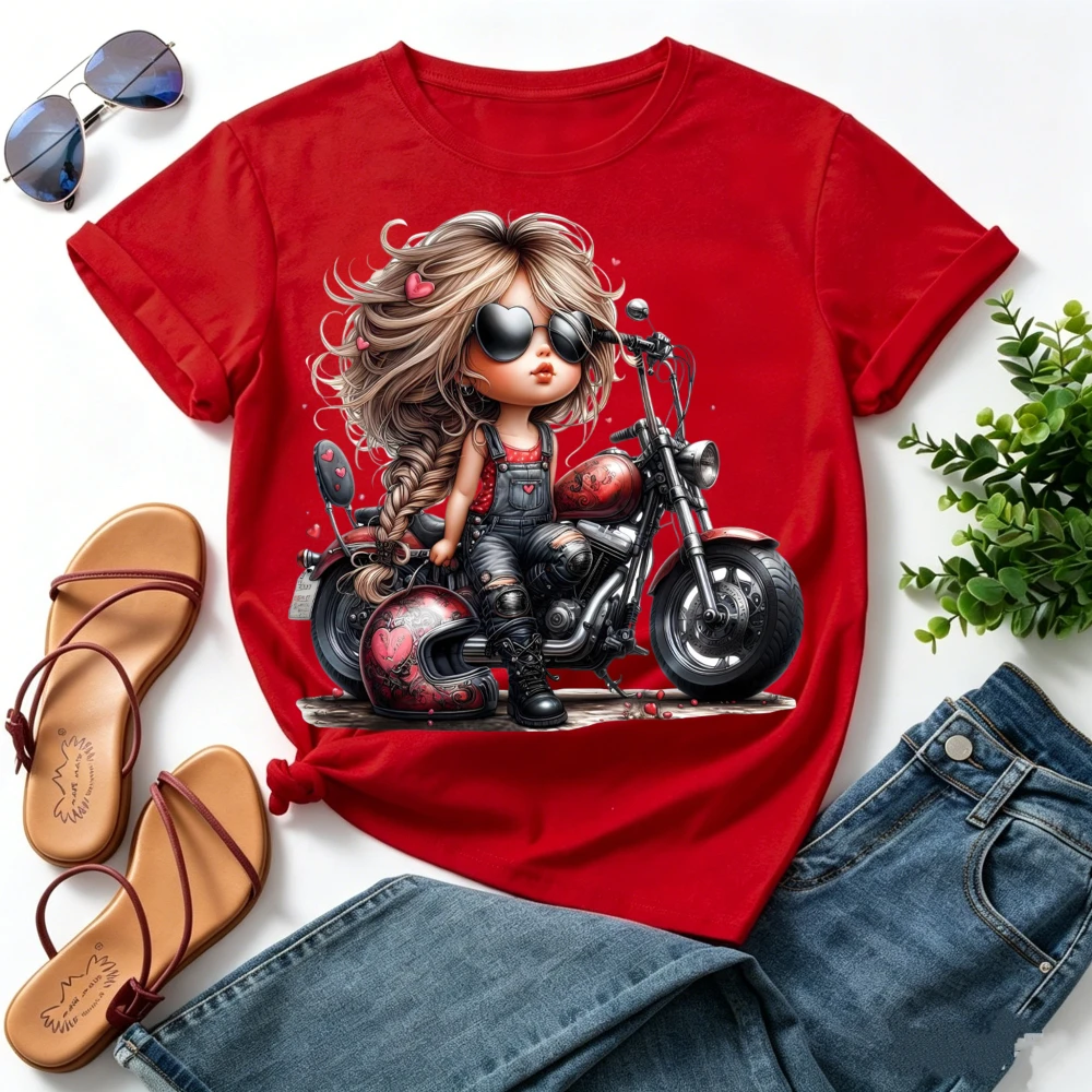 Biker Girl Braids with Sunglasses Cartoon Motorcycle Rider Graphic Tee, Colorful Soft Cotton Trendy Daily Top Gift for Riders