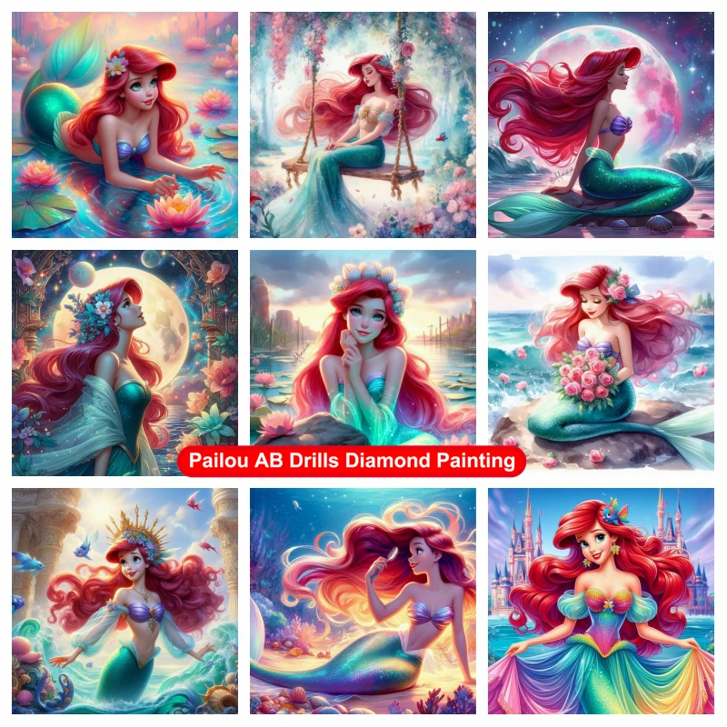 

Fantasy Disney The Little Mermaid Cartoon Diamond Painting AB Drills Princess Ariel With Flowers Art Mosaic Cross Stitch Decor