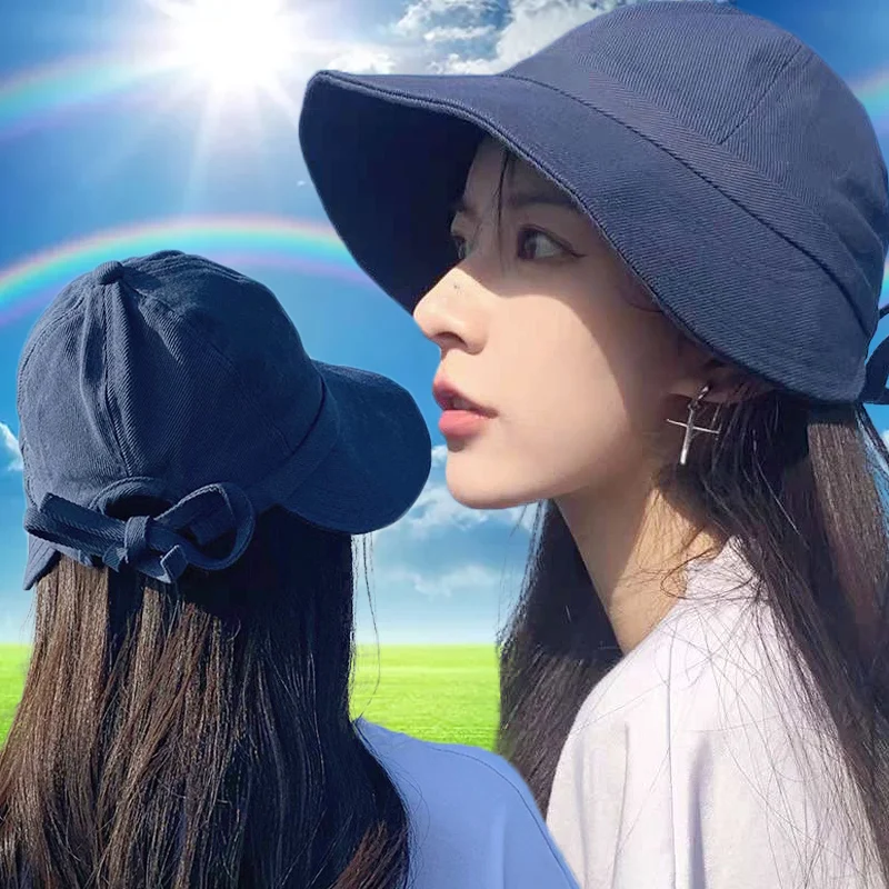 Summer Sunshade Bucket Hats Baseball Cap Simple Solid Color Bowknot Hat Sunscreen Visor Wide Brim Adjustable for Women Outdoors