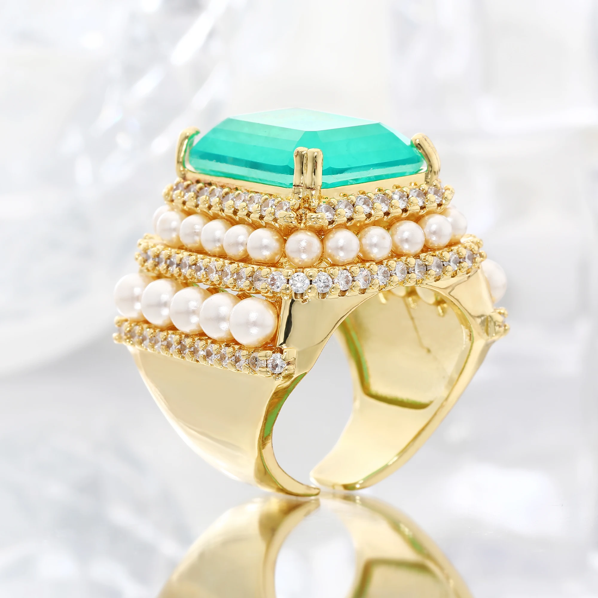 

Luxury High End Party Women's Ring Emerald cut with pearls Gold Plated Women's Jewelry Ring