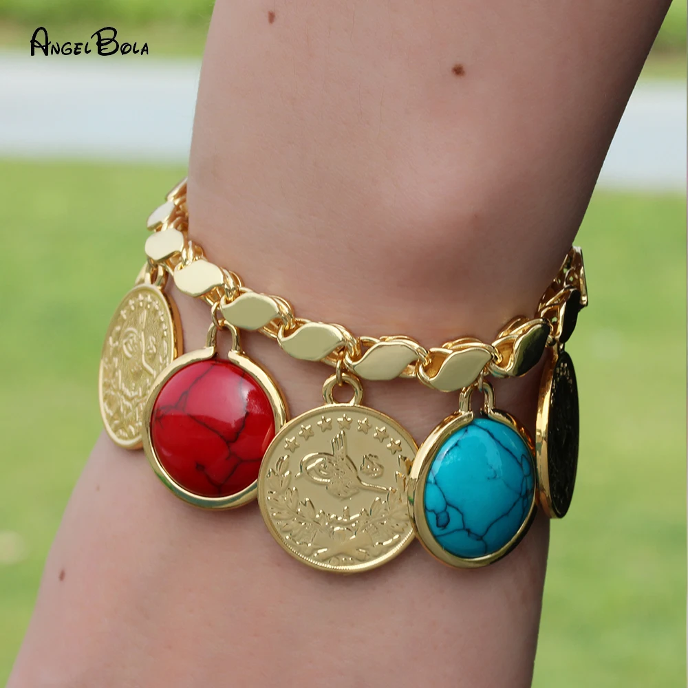 

Fashion 18K Gold Bracelet for Women Bohemian Colorful Turquoise Coin Pendant Bracelets Islam Allah Muslim Jewelry Wholesale