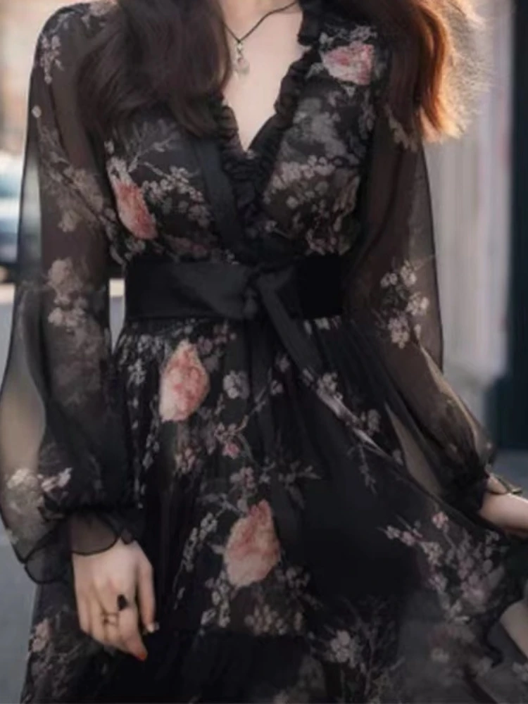 OCEANLOVE Print Floral Women Dresses A-line Spring Fall Korean Fashion V Neck Elegant Vestidos Mujer Vintage Black Long Dress