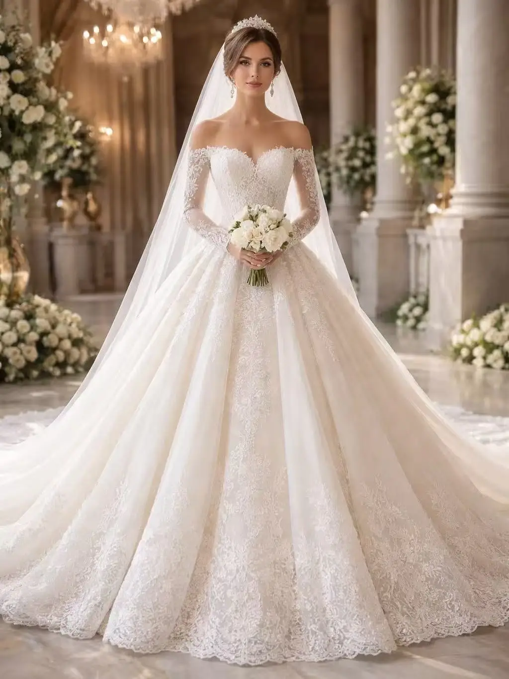 Off Shoulder Long Sleeve Lace Wedding Dress Cathedral Extra Long Train Corset Back Ballgown Luxury Bridal Gown Custom Plus Size