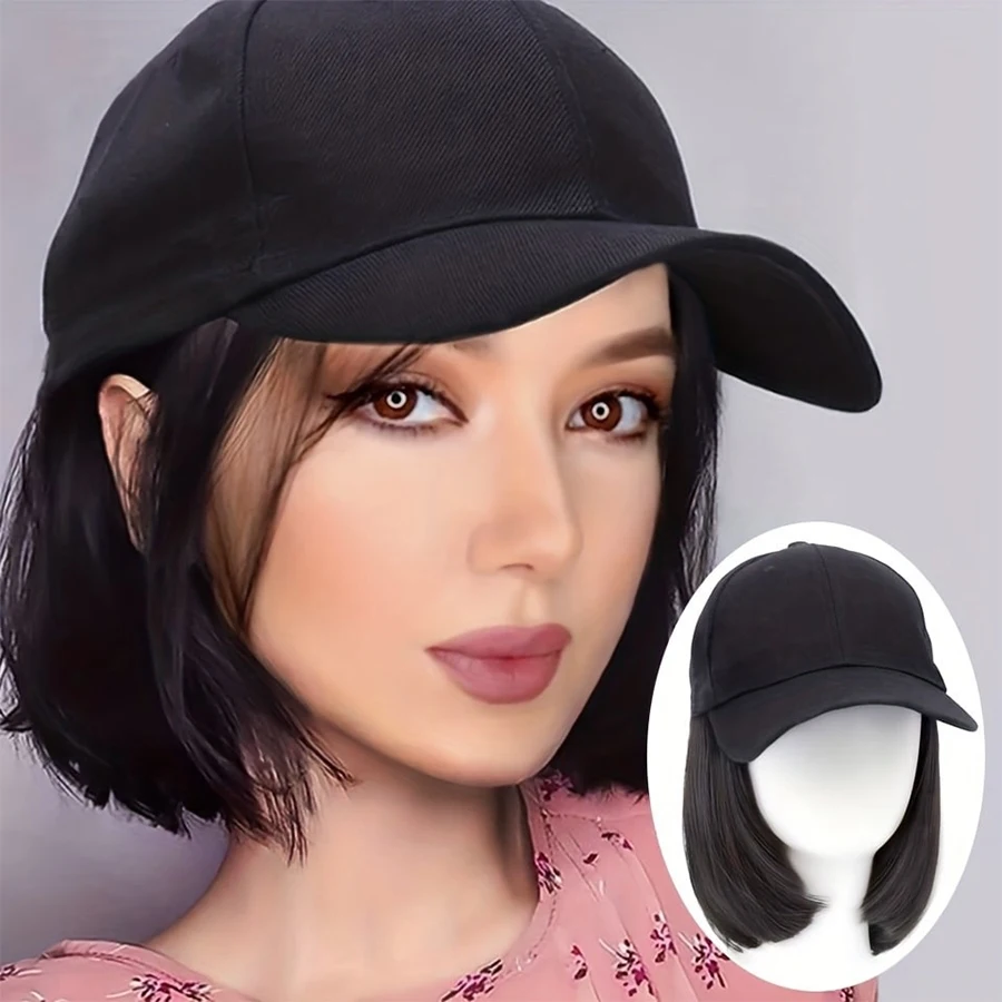 8 Inch Short Bob Straight Wigs With Black Baseball Cap Adjustable Hat Wigs With Straight Synthetic Hair Extension For Women
