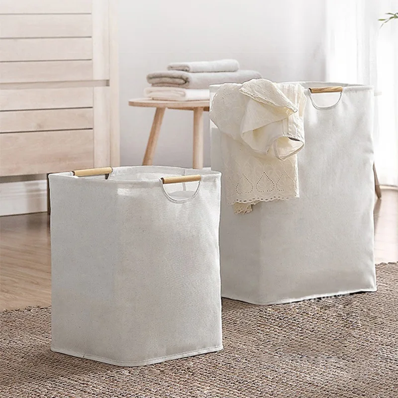 

1 Pack Cotton Linen Foldable Laundry Hamper Large Collapsible Laundry Baskets Waterproof Clothes Hamper with Wooden Handles