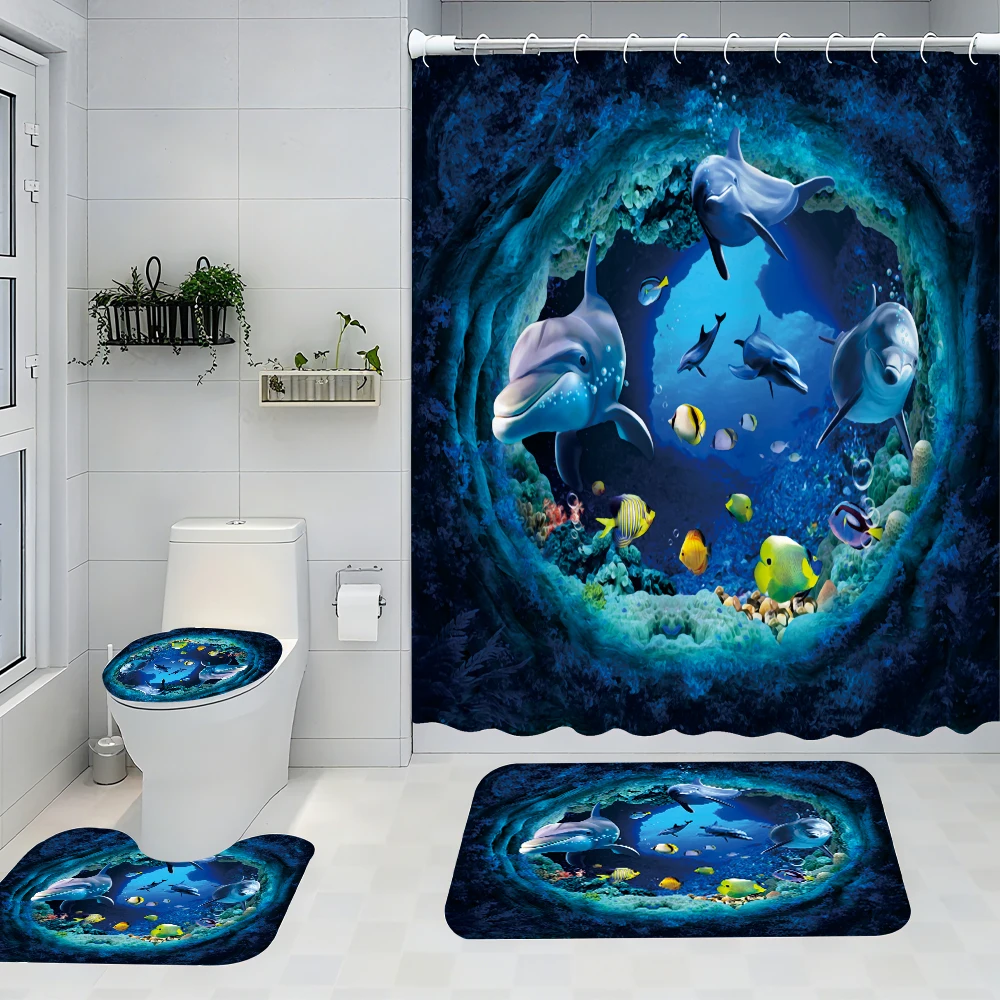 

4pc dolphin bath curtain, two-dimensional flat printing. Bathroom partition curtains, home decoration, modern home Windows