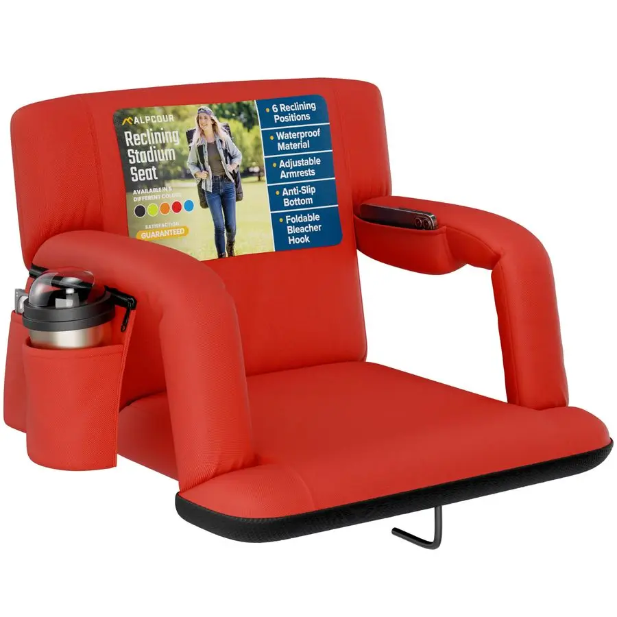 Reclining Stadium Seat Wide Bleacher Chair with Back Support and Cushion, Armrests, Side Pockets, and Bleachers Hook Best Stadi
