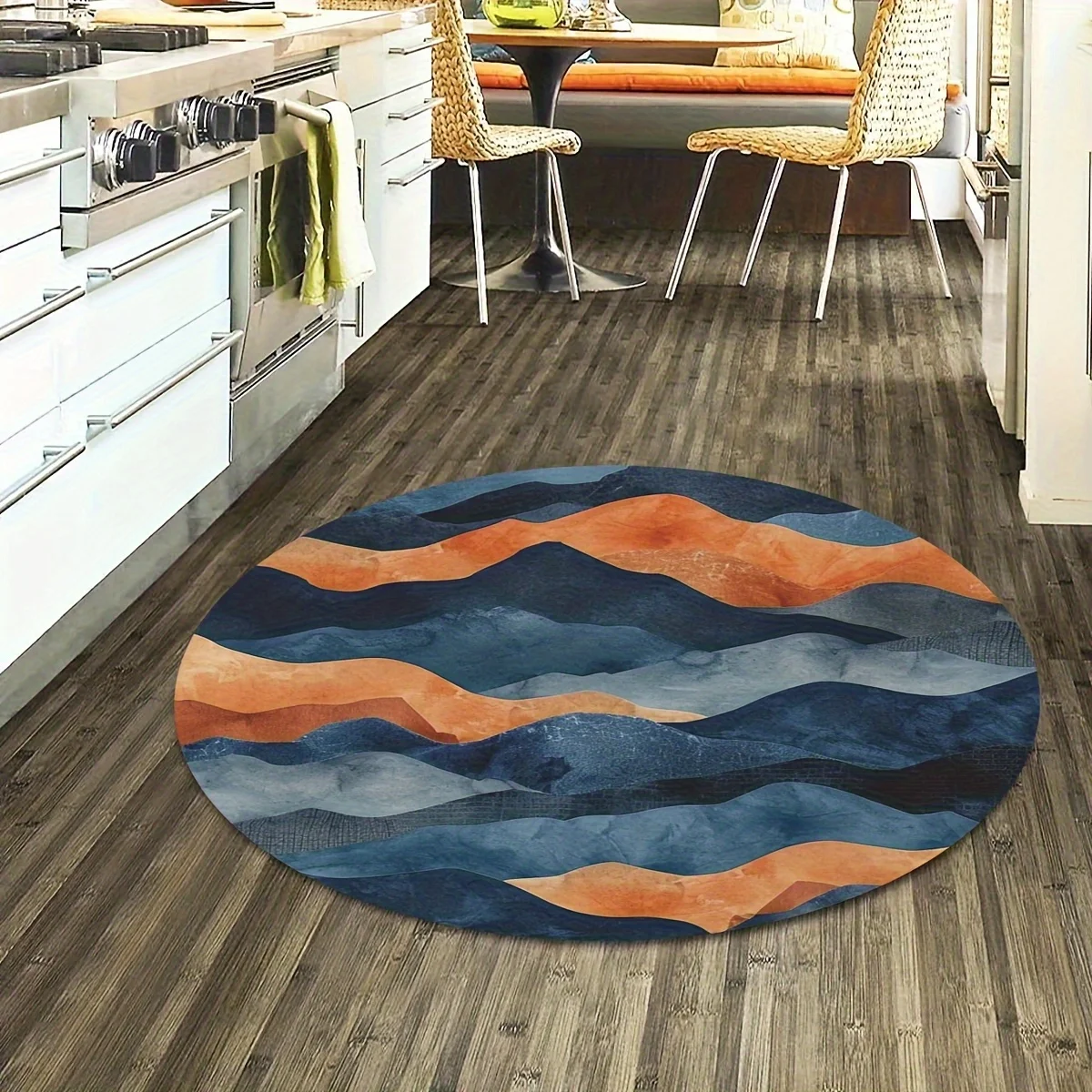 

Crystal velvet carpet2D Flat, 1pc Round 2D Flat Print Mat - Orange Floating Clouds & Light Blue Waves Design, Non-Slip Rubber Ba