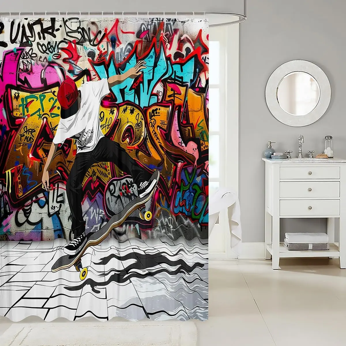 Colorful Graffiti Skateboard Shower Curtain, Hip Hop Street Style Waterproof Bathroom Bath Curtain For Boys 72x72 Inch