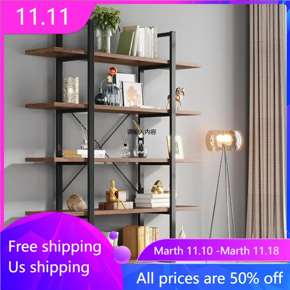 5-Tier Bookshelf Book Shelf Storage Shelves Vintage Industrial Style Bookcase 72 H X 12 W X 47L Inches Retro Brown Rack Shelfs