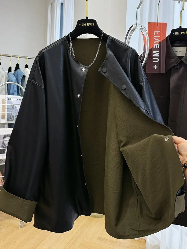 2026 New Lazy Sle Loose Casual Double-Sided Wear round Ne PU Leather Jaet Women Spring Autumn Long Sve Regular Fit