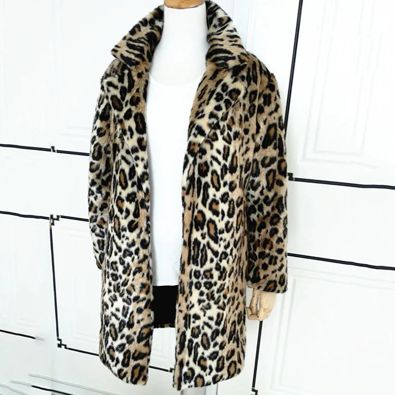 Fluffy Faux Fur Coat Women Winter Long Oversized Leopard Print Warm Soft Jacket Lapel Loose Fashion Cardigan Faux Fur Coat