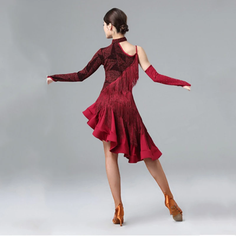 Robe boucles de doigts strass manches filles franges Costume une pièce robes de concours de danse latine femmes Salsa Samba fronde