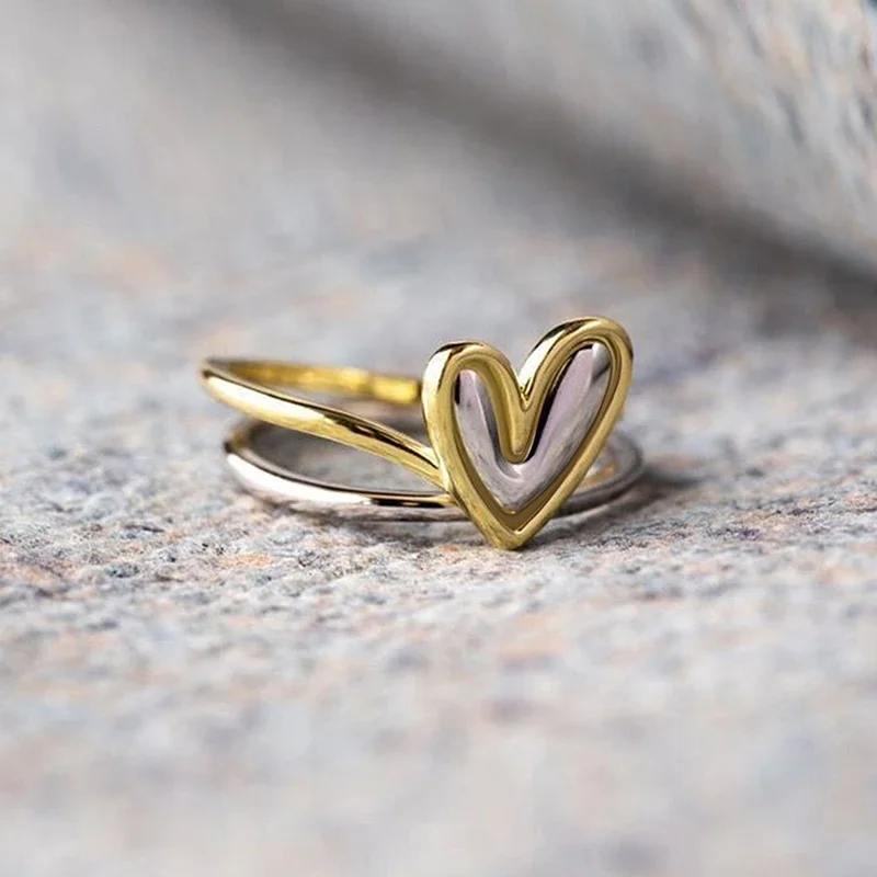 Huitan Dainty Hollow-out Heart Rings for Women Sweet Romantic Two-tone Finger Accessories Charms Glossy Wedding Bridal Jewelry