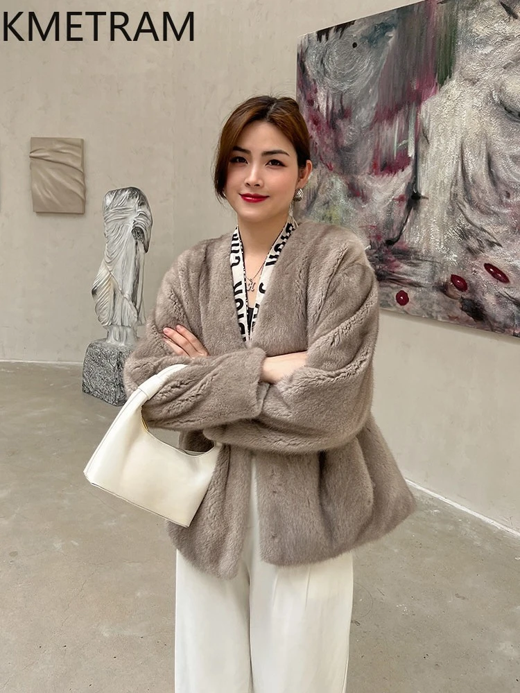 KMETRAM 100% 天然ミンク毛皮ジャケット女性用 V ネックショートリアルミンク毛皮コート冬アウターウェア女性服 2026 шуба