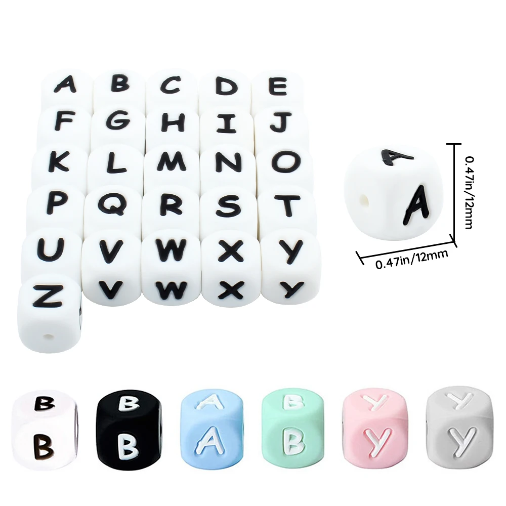 26 pièces 12mm lettres en Silicone perles bébé Alphabet anglais perles à mâcher dents de dentition de qualité alimentaire bricolage sucette chaîne accessoires