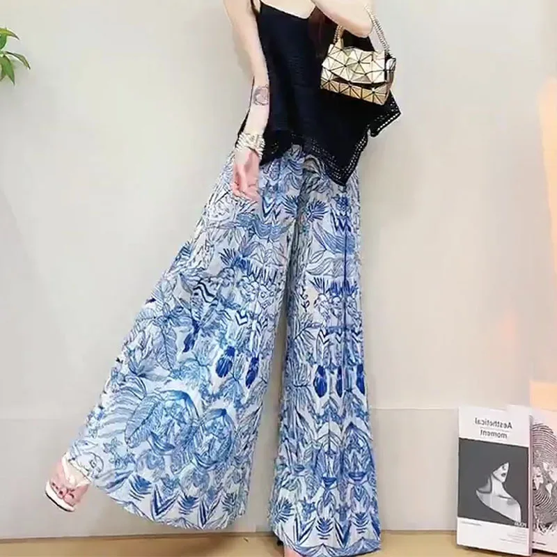 

Blue Printed Casual Women's Flared Pants Miyake Pleated 2025 Summer Elastic High Waist Large Size Stretch Wide Leg Pants