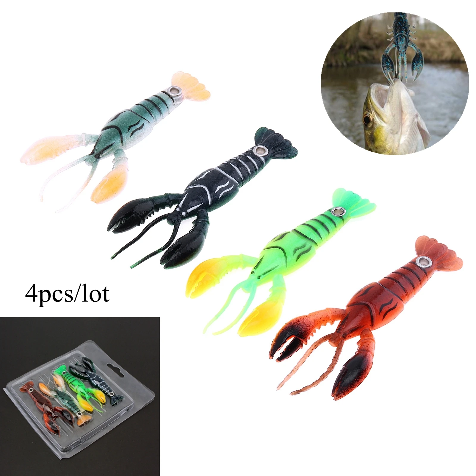 

4pcs Artificial Soft Plastic Crawfish for Freshwater / Saltwater Bass Fishing with Metal Wire Hole, Shrimp Fishing Lure Baits