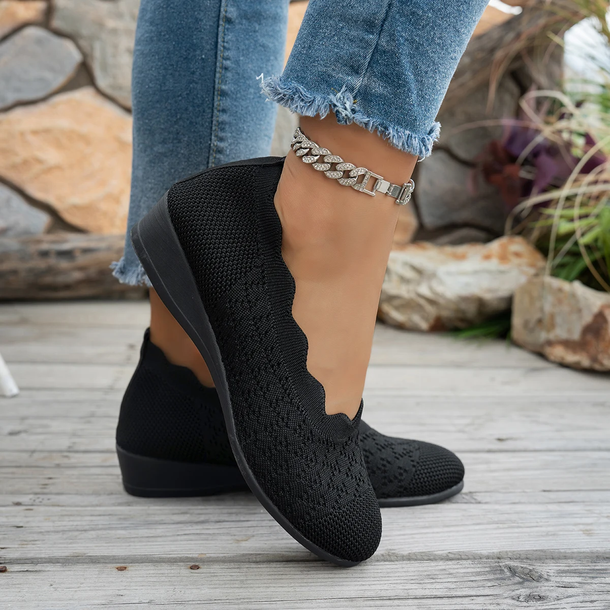 Plus Size 43 Women's Round-Toe Wedge Heels Knitted Shoes Fashion Comfortable Low-Heeled Dance Shoes & Walking Single Shoes 2026