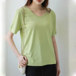 Women T-shirt Ice Silk Short Sleeve O-neck Solid Tshirt Loose Korean Fashion Tops Tees Casual White Green T-shirt Woman Clothing