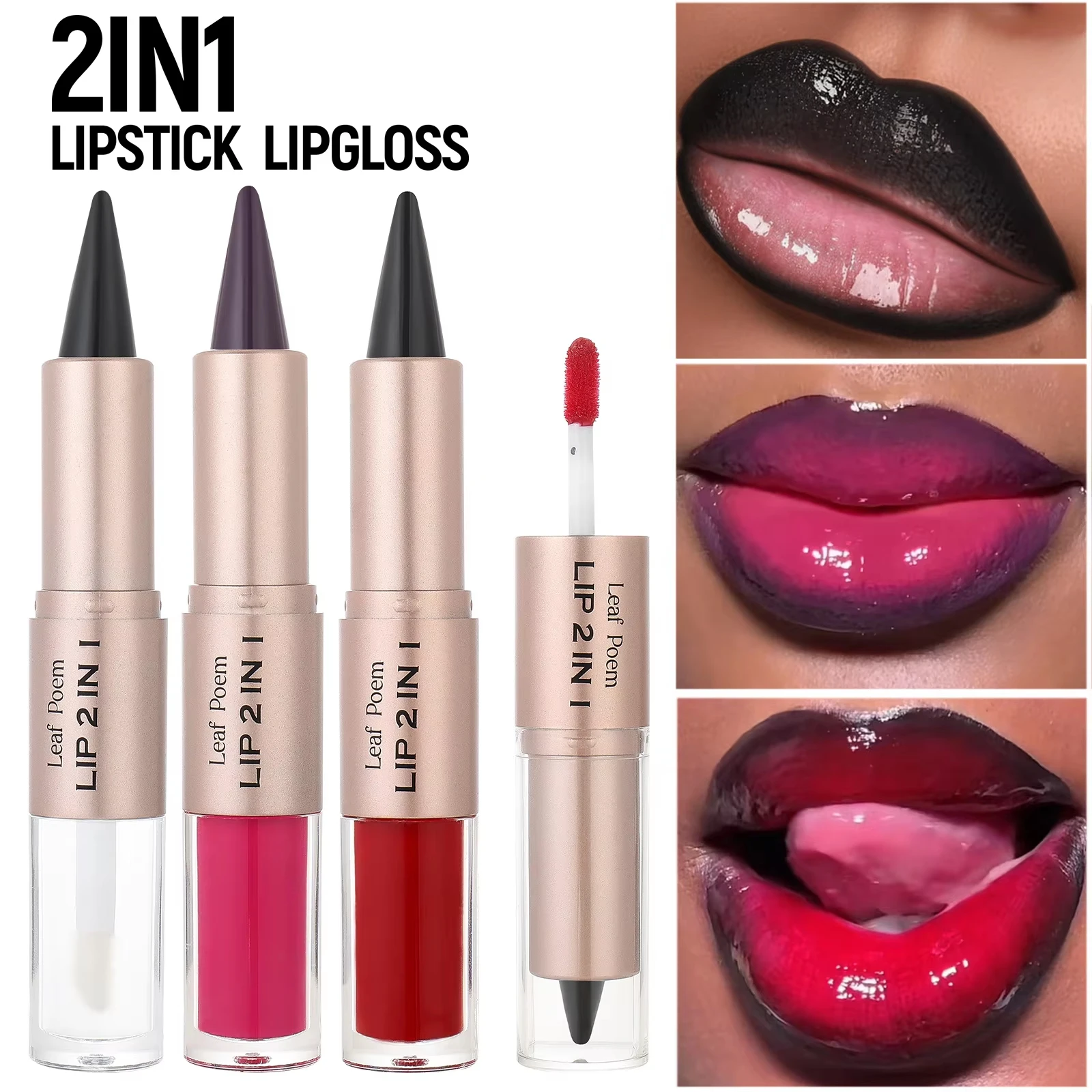 Black Brown Tapered Lip Liner Contour Pencil Double Head with Mirror Plumping Lip Glaze Crystal Gloss for Sexy Red Lips Tint Mak