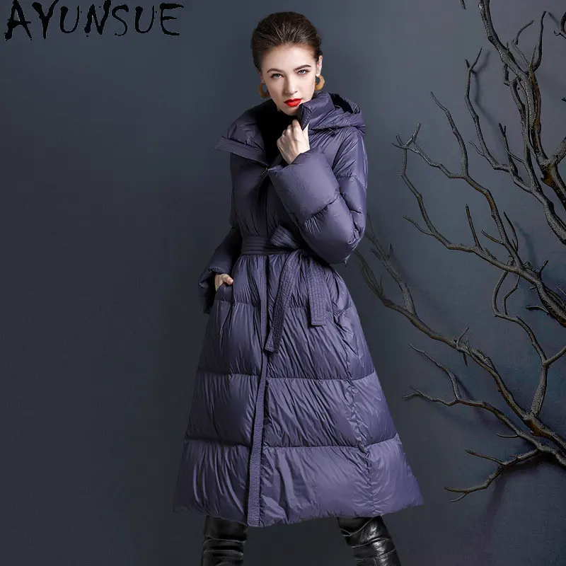 

AYUNSUE Elegant Long Down Coat Hooded Warm Down Jackets for Women Winter Puffer Jacket Women Down Coats Belt Doudoune Femme SGG