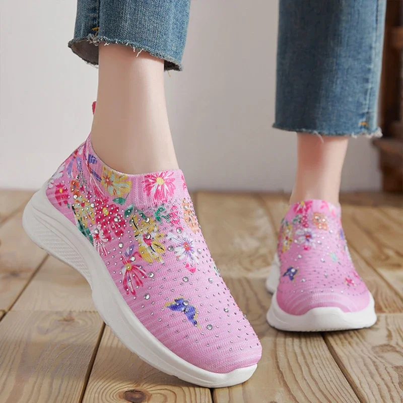 Summer New Women's Flower Sticky Diamond Trendy One Step Shoes Casual Breathable Shoes Women's Sports Shoes