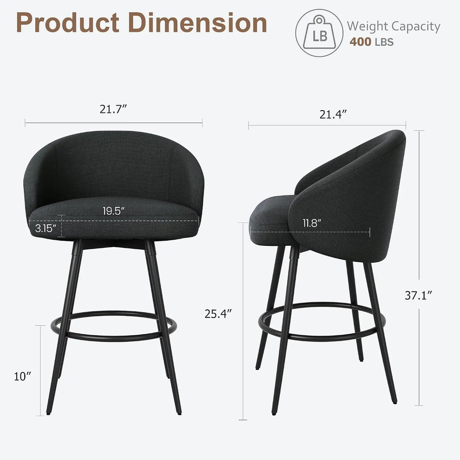 Swivel Bar Stools 2-Pack with Back & Footrest, 360° Silent Linen Seat, Metal Frame, Kitchen Island Chair, Customized