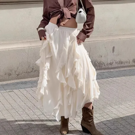 

White Special Women's Autumn Skirt Elastic Wasit Ruffle-Trimmed A-Line Flowy Skirt For Female Elegant Temperament lady's skirt