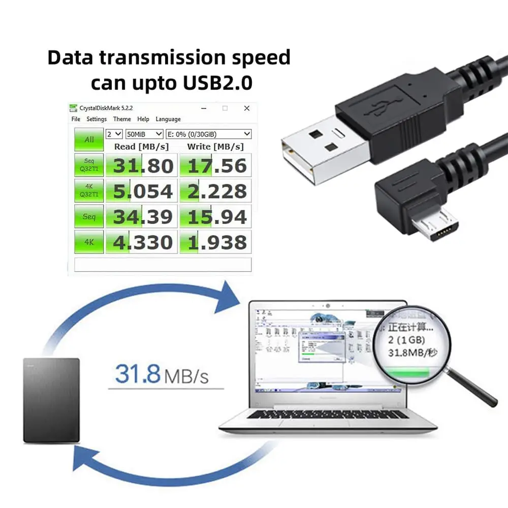Angled 90 Degree Micro USB 2.0 Type 5Pin to USB 2.0 Type-A Data Charge Cable 480Mbps Data for Phone Tablet Computer Camera