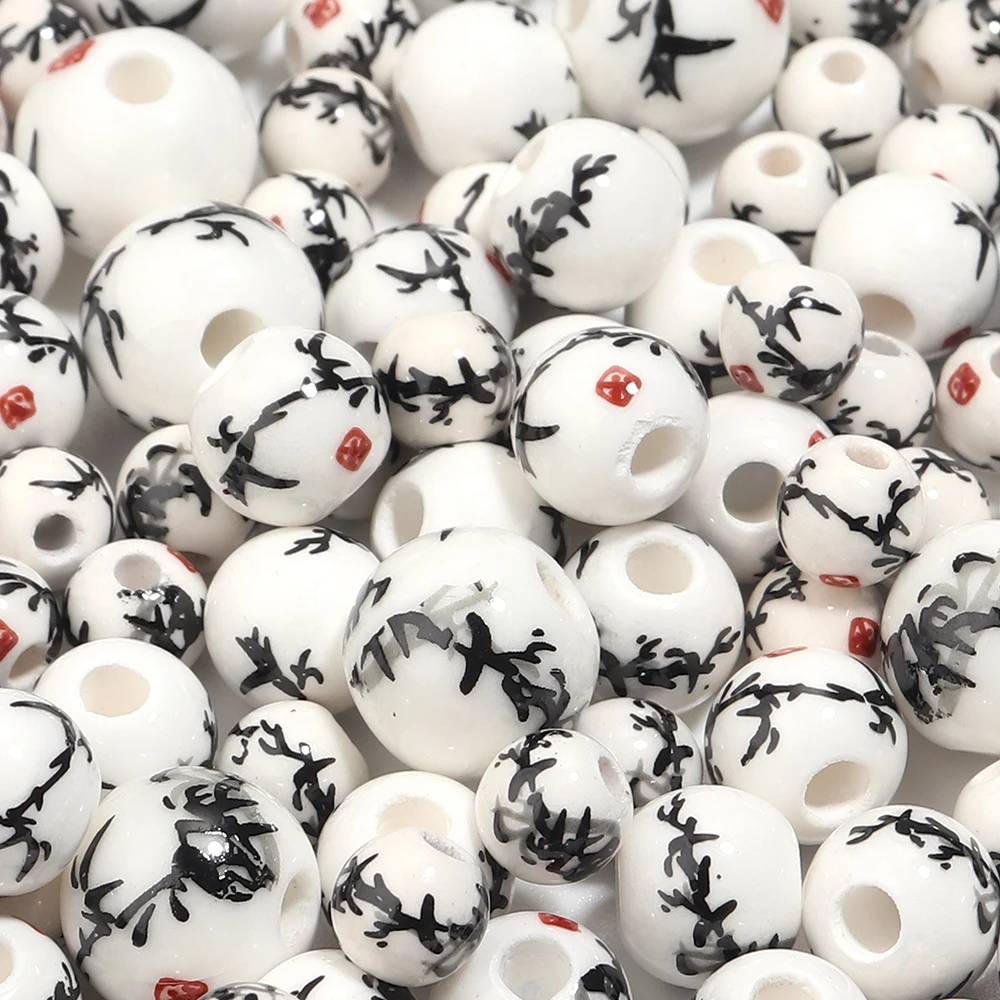 20-30pcs 6/8/10/12mm Ceramic Round Beads Ink Bamboo Pattern Porcelain Loose Beads For Jewelry Making DIY Bracelets Necklace