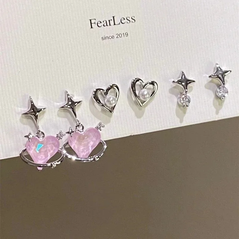 6pcs/set Women Silver Color Y2K Pink Crystal Heart Stud Earring Korean Trendy Punk Sweet Cool Bow Star Earring Aesthetic Jewelry