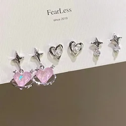 6pcs/set Women Silver Color Y2K Pink Crystal Heart Stud Earring Korean Trendy Punk Sweet Cool Bow Star Earring Aesthetic Jewelry