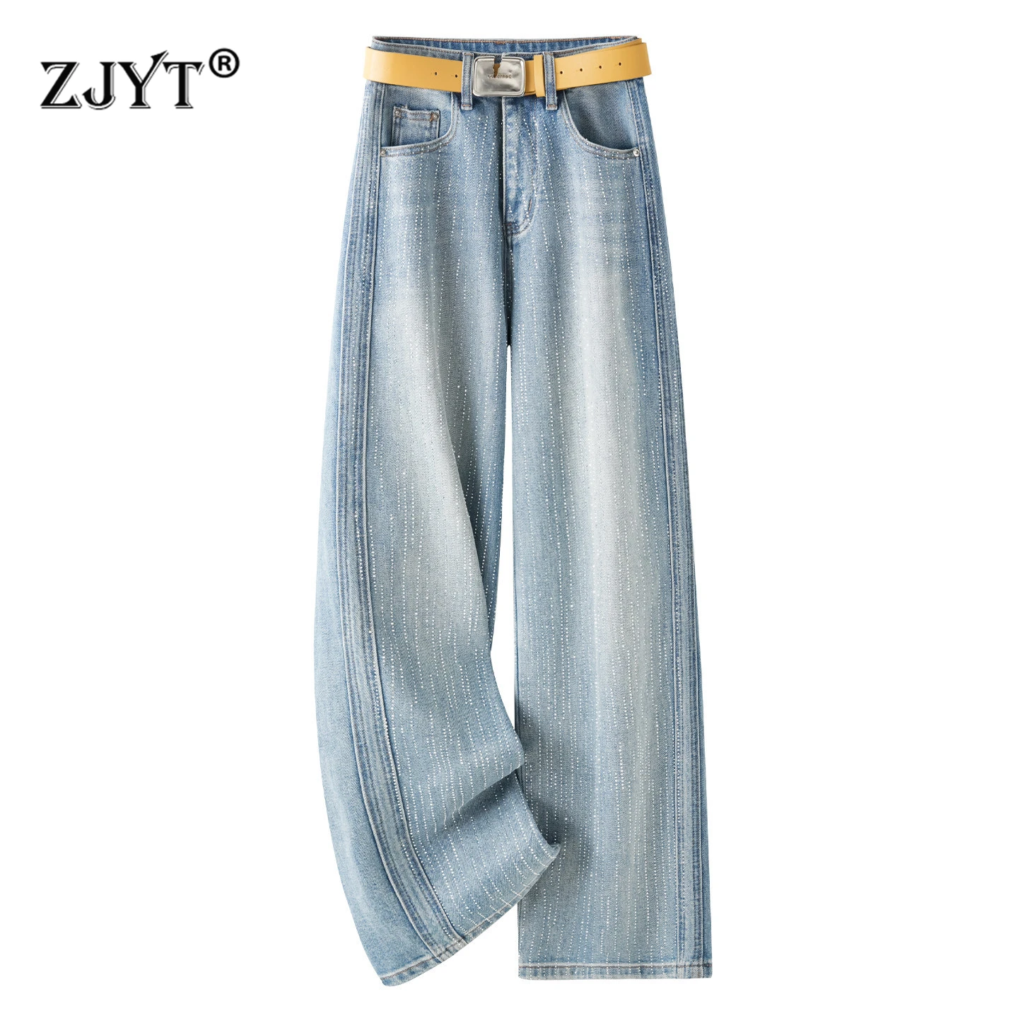 

Джинсы ZJYT Spring Diamonds с широкими штанинами для женщин, модные джинсовые брюки в уличном стиле, синие, повседневные, женская одежда