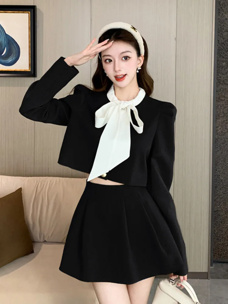 2024 Fall French Small Fragrant Two Piece Set Women Sweet Bow Suit Coat + High Waist Skirt Sets Preppy Style 2 Piece Outfits