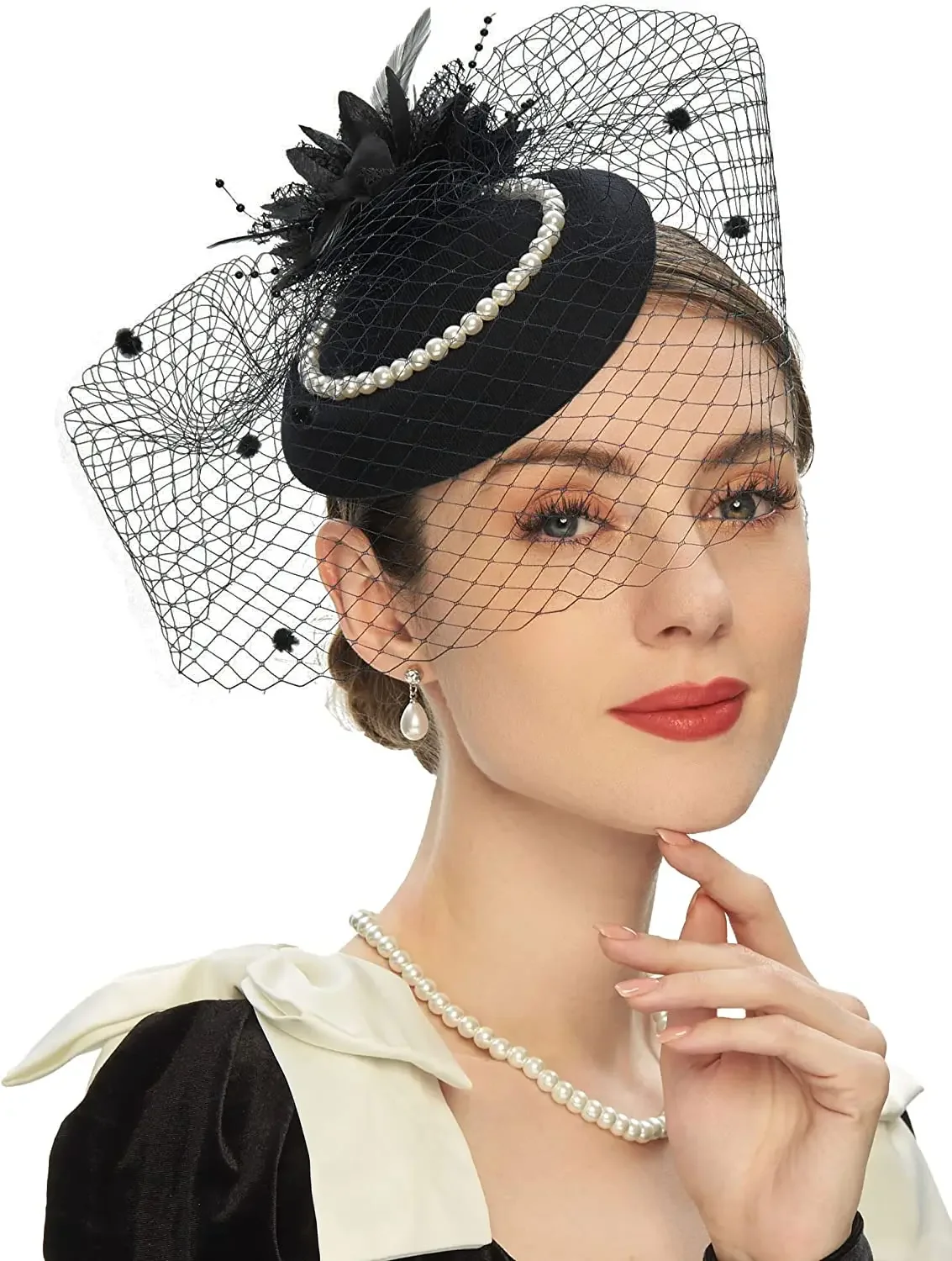 New Elegant Pillbox Hats 20s 50s Vintage Pearl Fascinators Hat for Women with Feather Mesh Veil Clip Bridal Wedding Tea Party