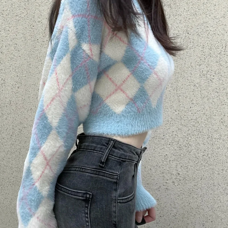 Pullovers Women Sweaters Argyle Korean Style Slash Neck Daily Spring Warm All-match Long Sleeves Casual Popular New Arrival Cozy