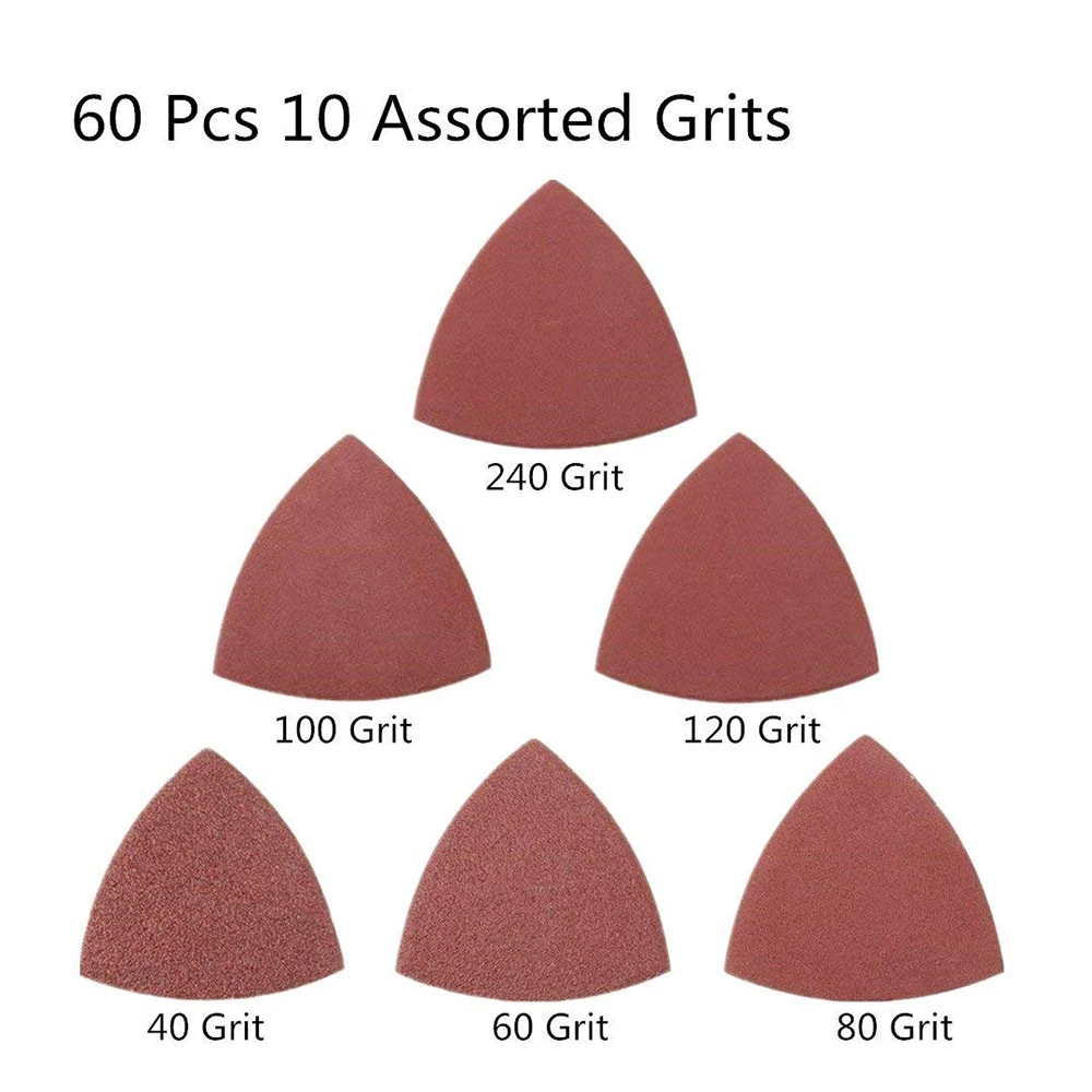 60pcs Triangular Hook and Loop Triangle-Sandpaper, Fit 3-1/8 Inch Oscillating Multi Tool Sanding Pad, Assorted 40 60 80 100 120