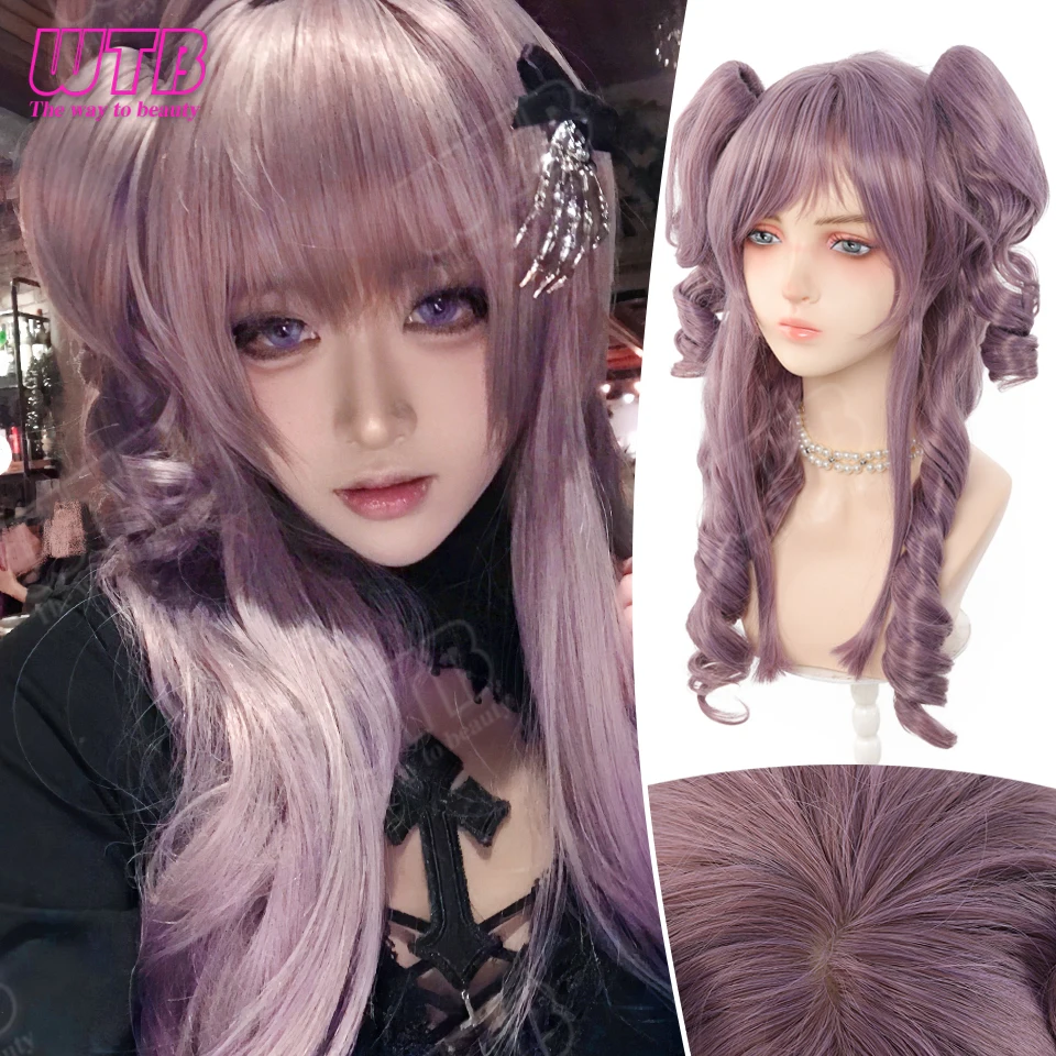 Double Ponytail Synthetic Lolita Wig for Women Claw Clip Style Double Ponytail with Curls and Bangs Suitable for Cosplay Wearing