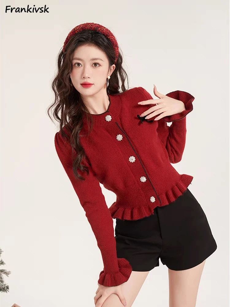 

Cardigan Women Slim French Style Retro Elegant Ruffled Hem Flare Sleeve Autumn Bowknot Button Sexy Knitwear Hotsweet Streetwear