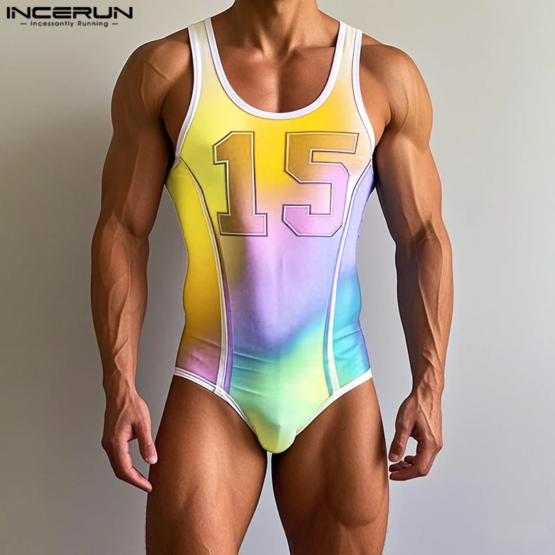 

INCERUN мужские боди с принтом Tie Dye, градиентные комбинезоны без рукавов с круглым вырезом, сексуальные комбинезоны для тренировок, 2025 г., модное повседневное боди, мужской комбинезон