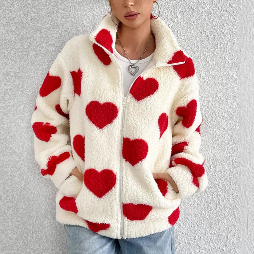2025 Women's Autumn and Winter New Plush Heart Printing Casual Loose Long-sleeved Zipper Cardigan Jacket