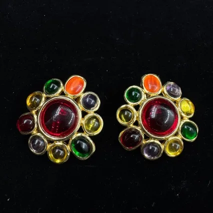 Vintage Multi Shape Colorful Glass Stud Earrings Women Gold Tone Chunky Contrast Color Statement Ear Jewelry for Party Daily Wea