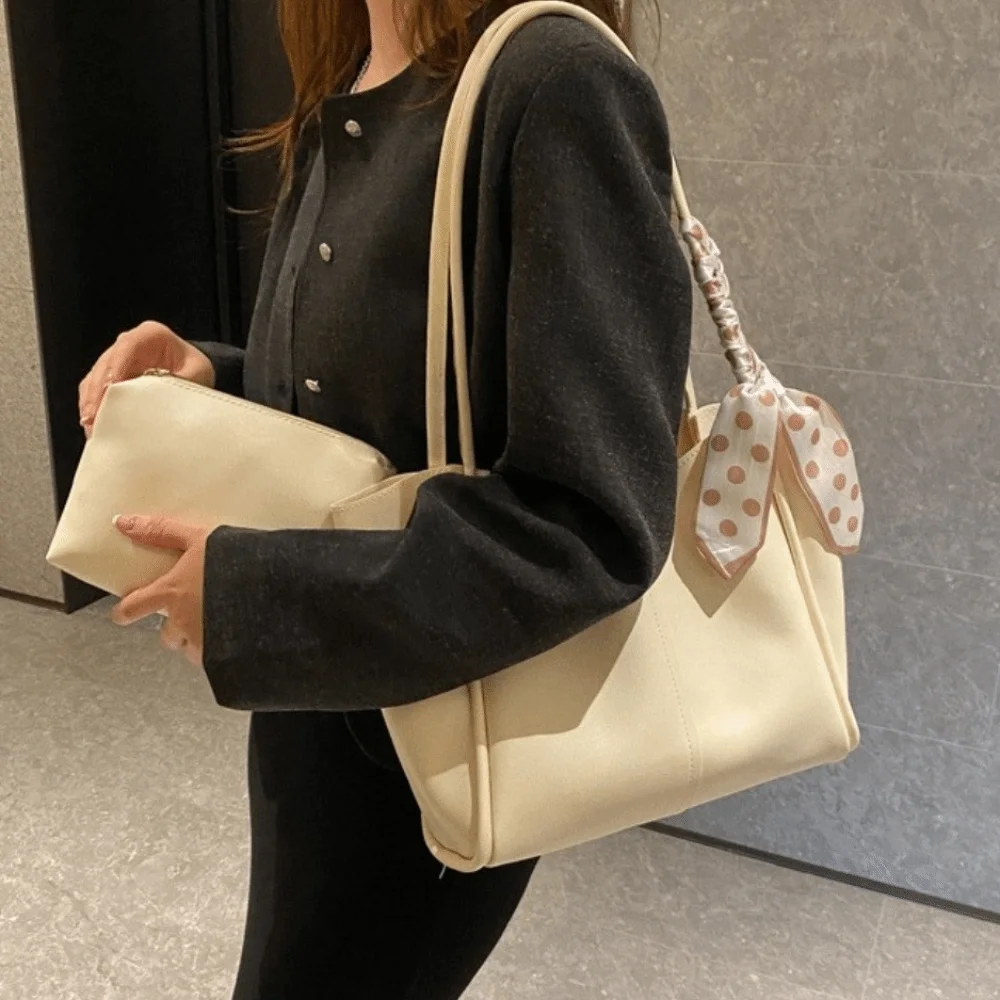

Tote Bag Women PU Shoulder Bag with Small Bag PU Leather Silk Scarf Straps Handbag Large Capacity All-match PU Underarm Bag Lady